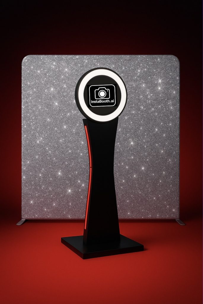 Modern photo booth with ring light in front of glitter backdrop – InstaBooth.ai
